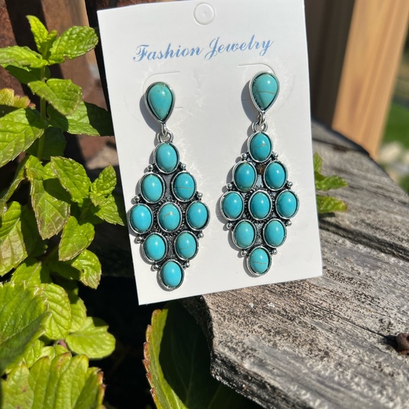 Jewelry - Western Faux Turquoise Stone Blue Chandelier Silver Earrings Gift New Boho